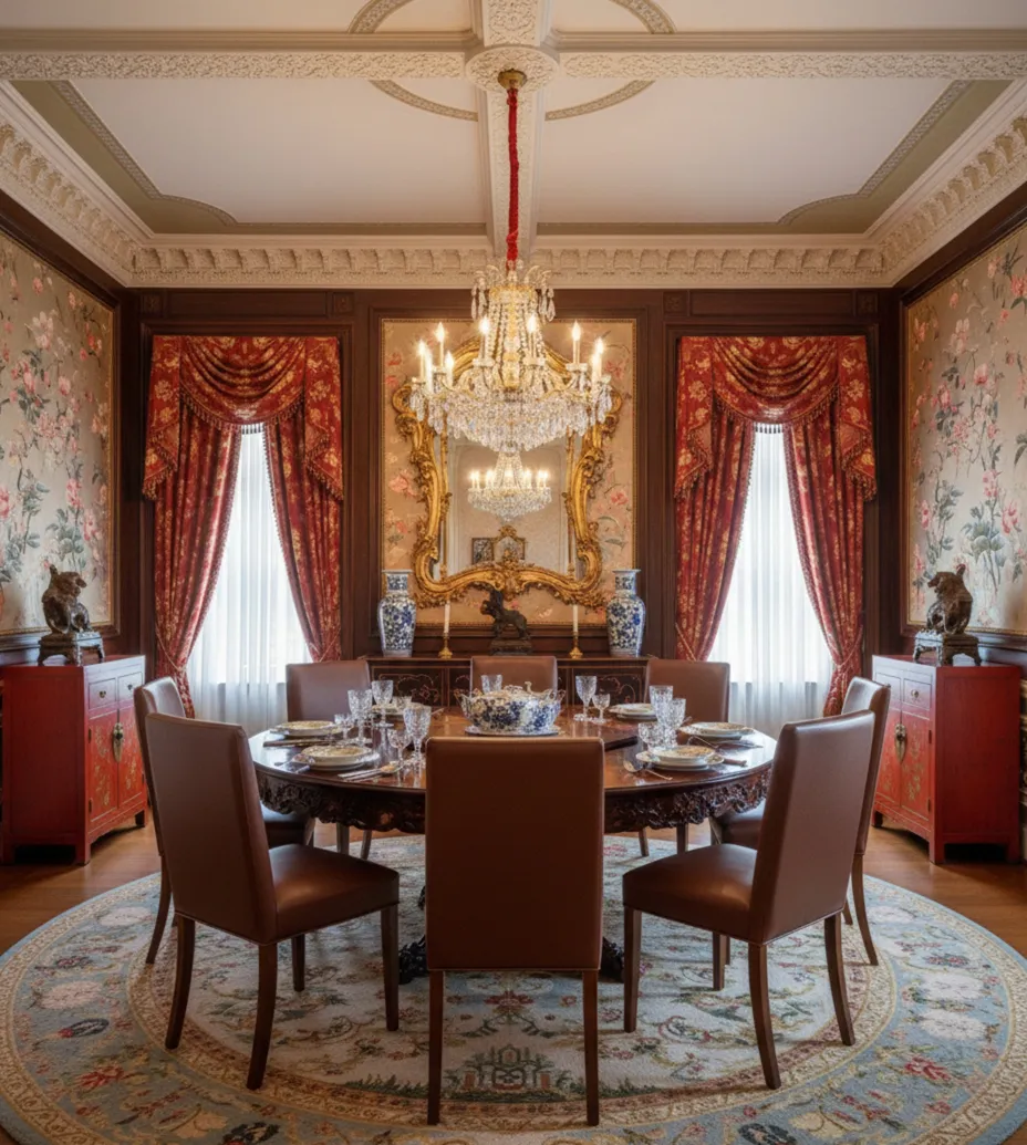 복원이 필요한 8개의 고전적인 의자 세트, 고전적인 환경에서.