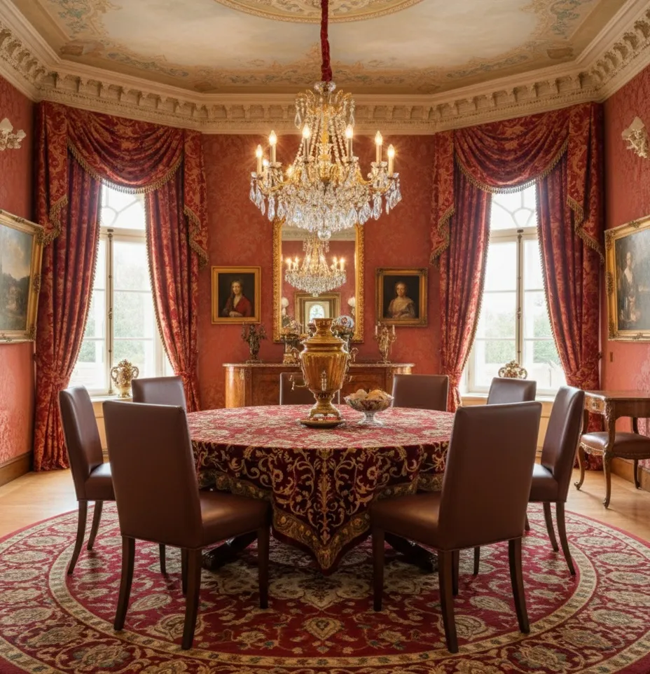 8 chaises antiques dans un cadre orné avec des rideaux luxueux