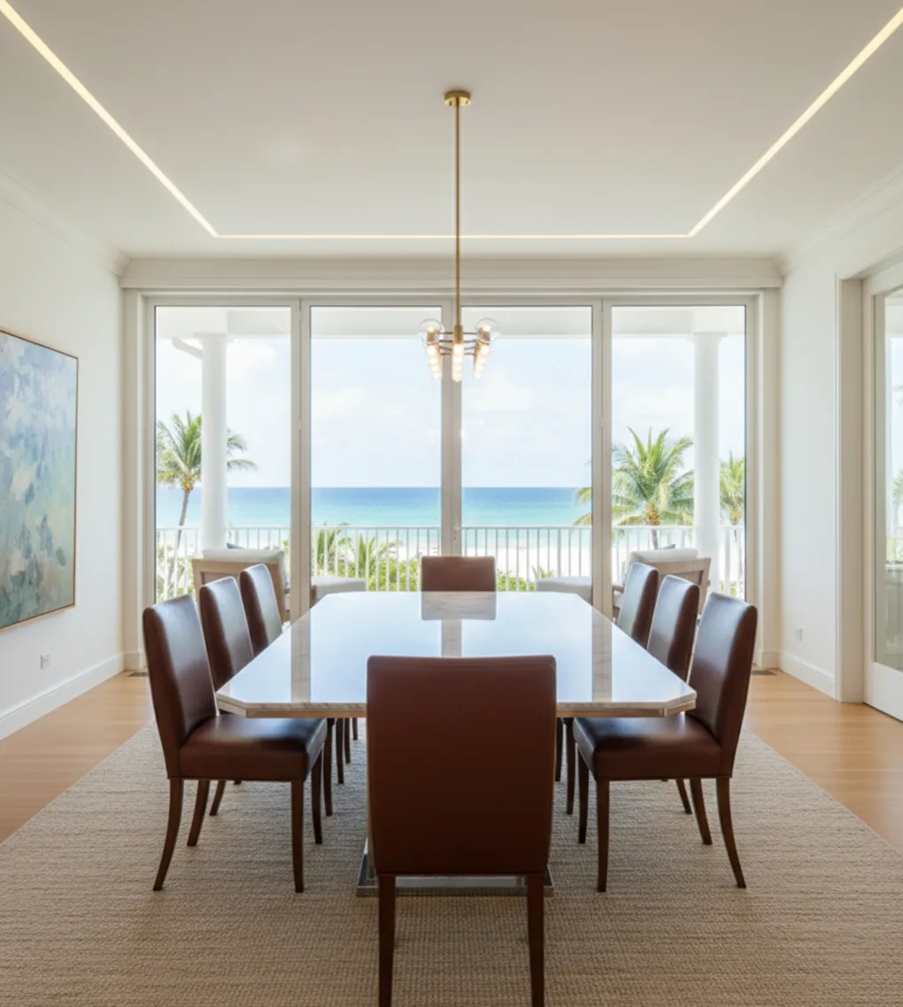 Eight antique chairs in a dining room with ocean view