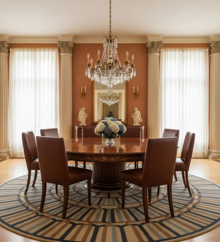 Vue de 8 chaises anciennes dans un cadre élégant avec une table ronde