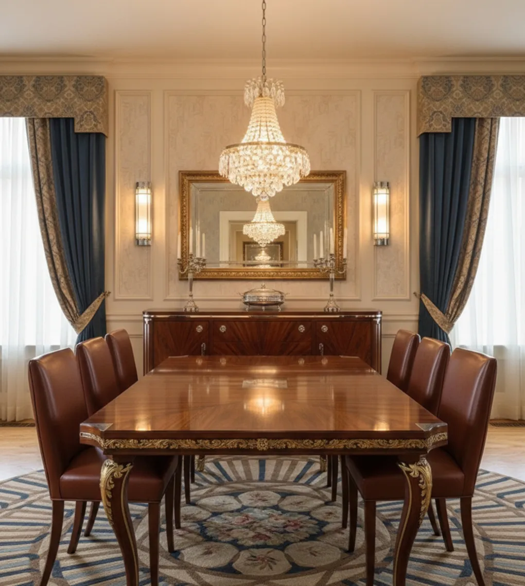 acht antike Stühle in einem eleganten Esszimmer mit großem Tisch