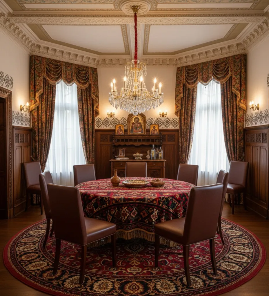 8 Stühle zur Restauration, in einem Esszimmer mit Kronleuchter, eleganten Vorhängen und Tisch mit Tuch