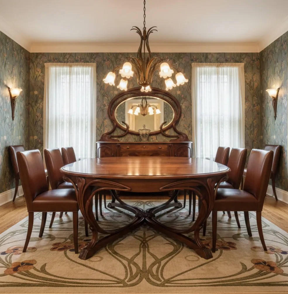 Eight antique chairs ready for restoration in an elegant dining room.