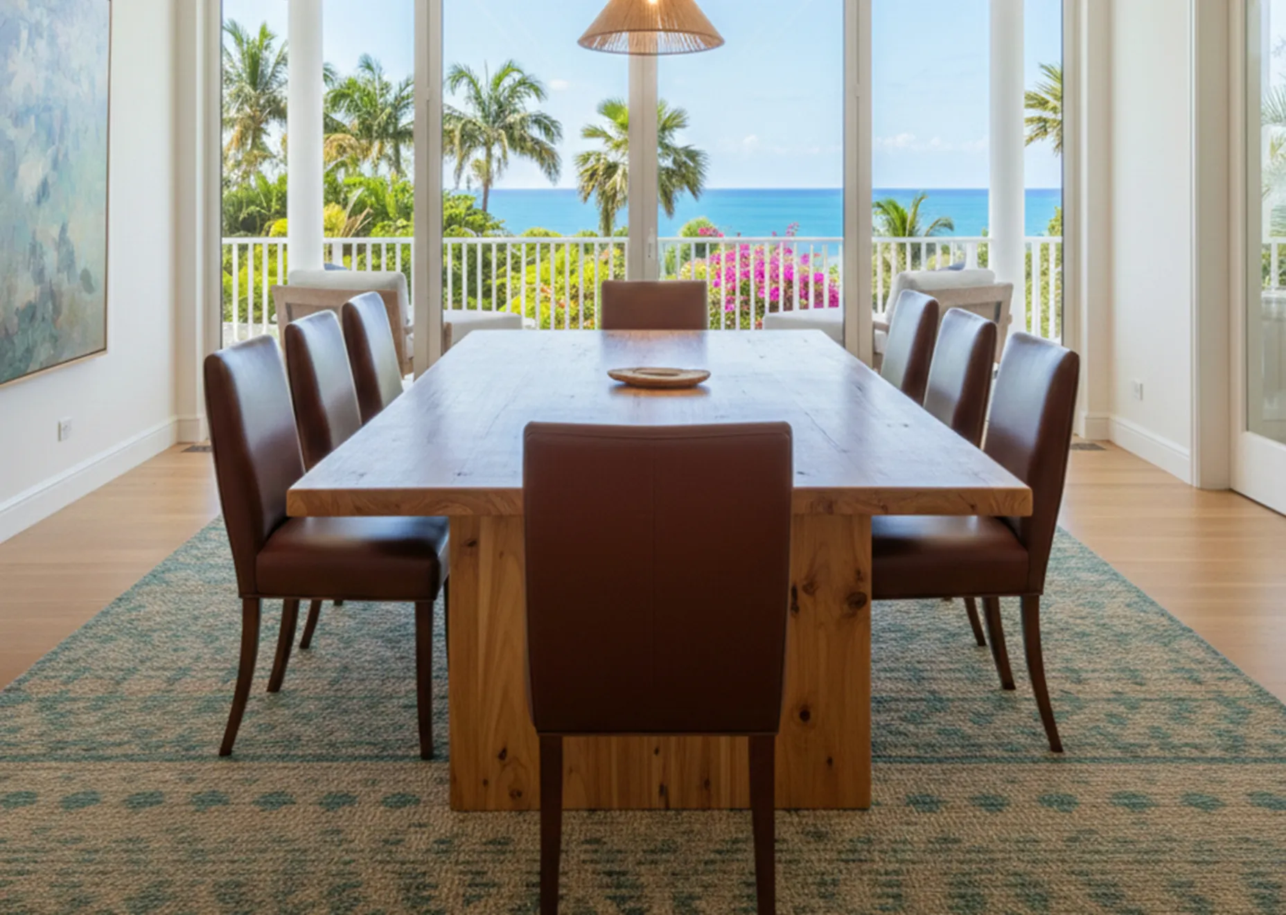 Otto sedie antiche in una sala da pranzo luminosa con vista mare