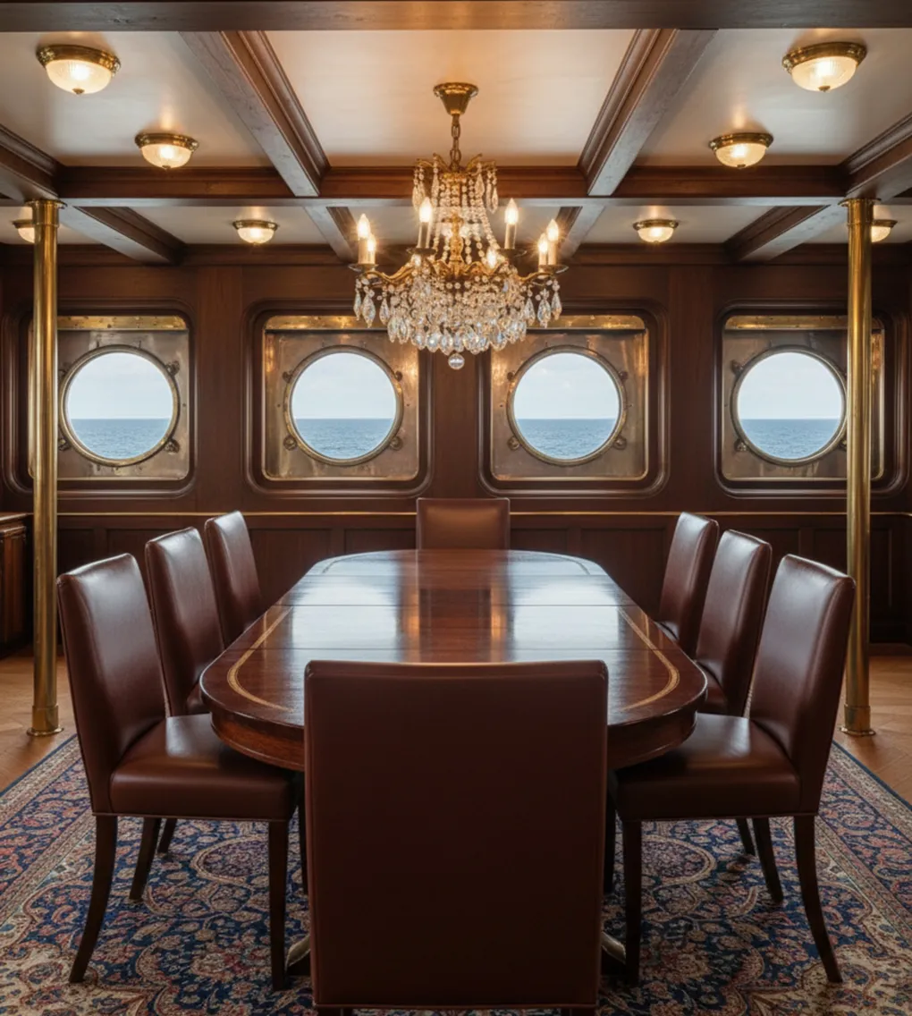 Eight antique chairs meant for restoration in an elegant dining room with polished tables and round windows.