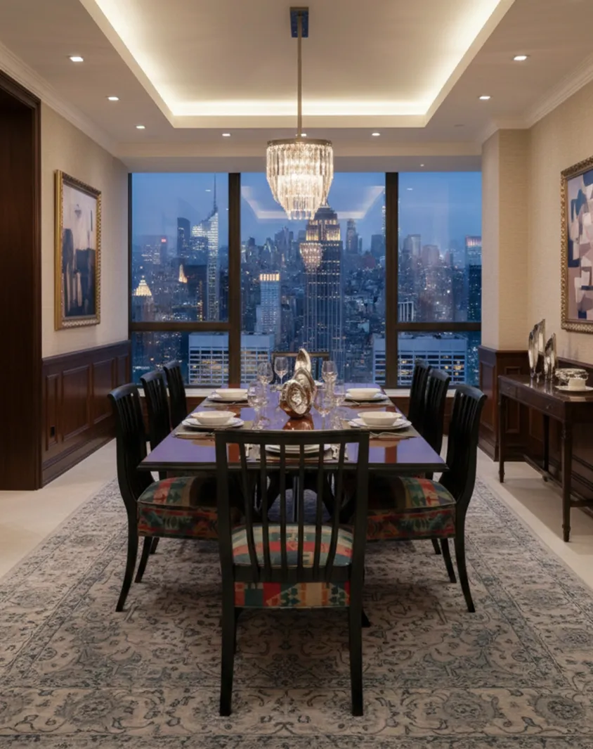 8 cadeiras antigas em uma elegante sala de jantar com vista