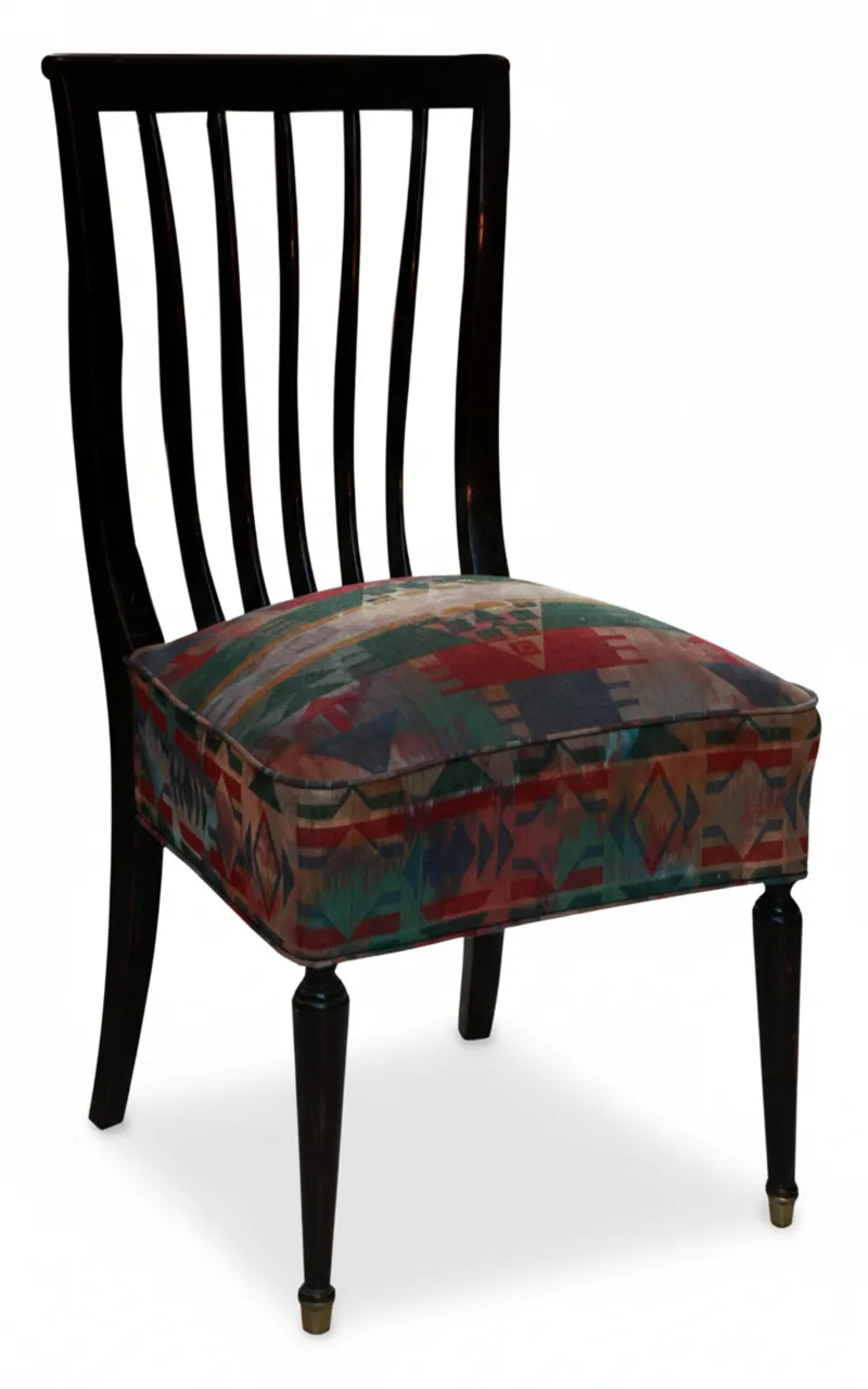 eight antique chairs, dark color with colorful cushions, neutral background.