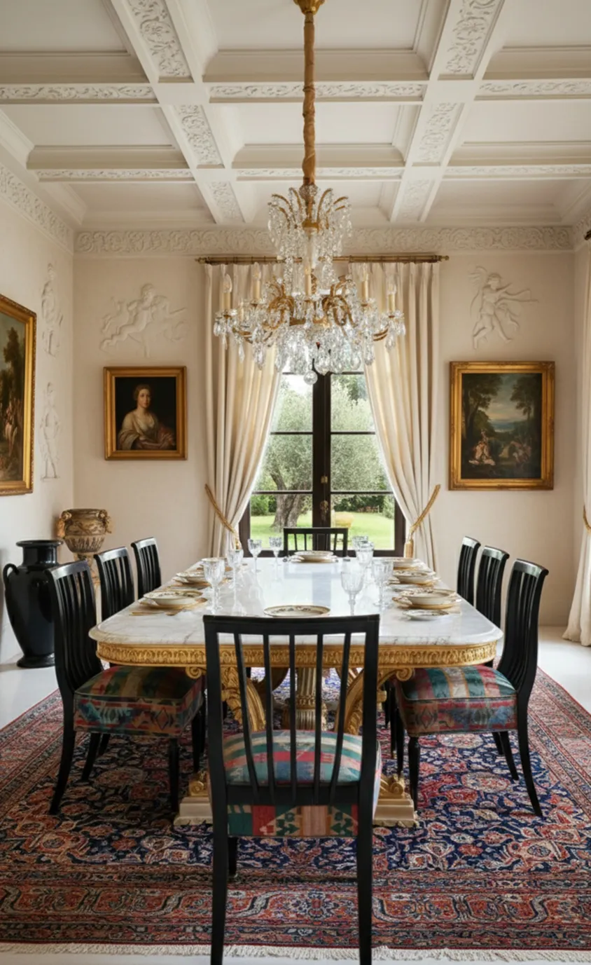 Eight antique chairs in an elegant dining room with a table
