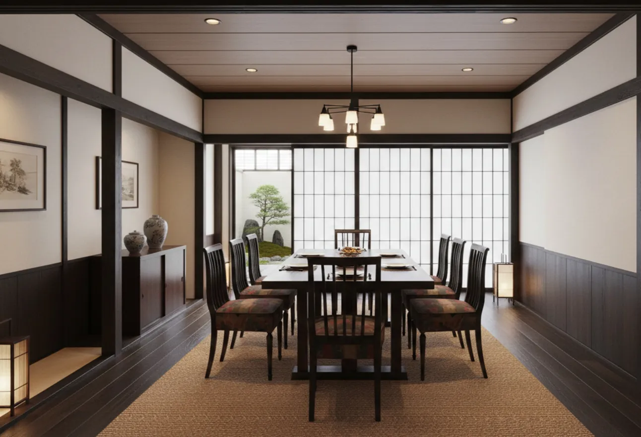 8 sillas antiguas listas para ser restauradas en un comedor elegante con vista al jardín