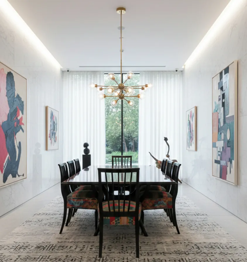 eight antique chairs to restore in a modern dining room.