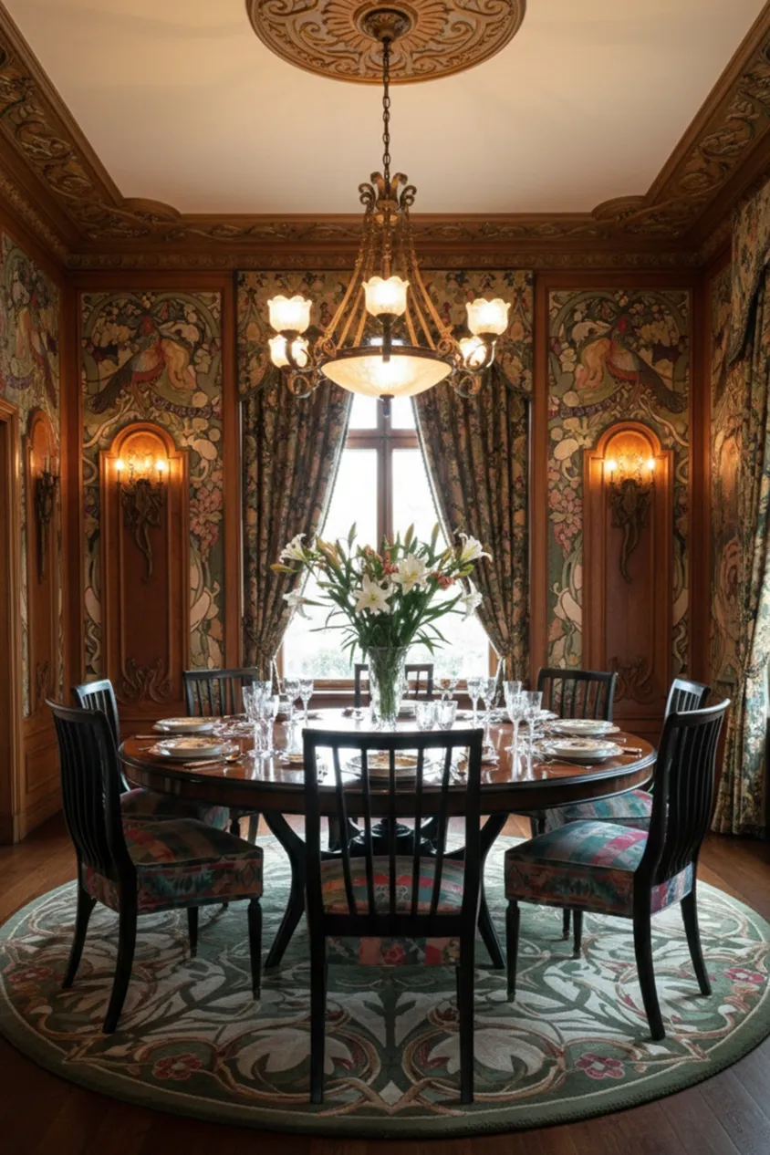 Huit chaises anciennes à restaurer dans une salle à manger élégante avec une décoration ornée.
