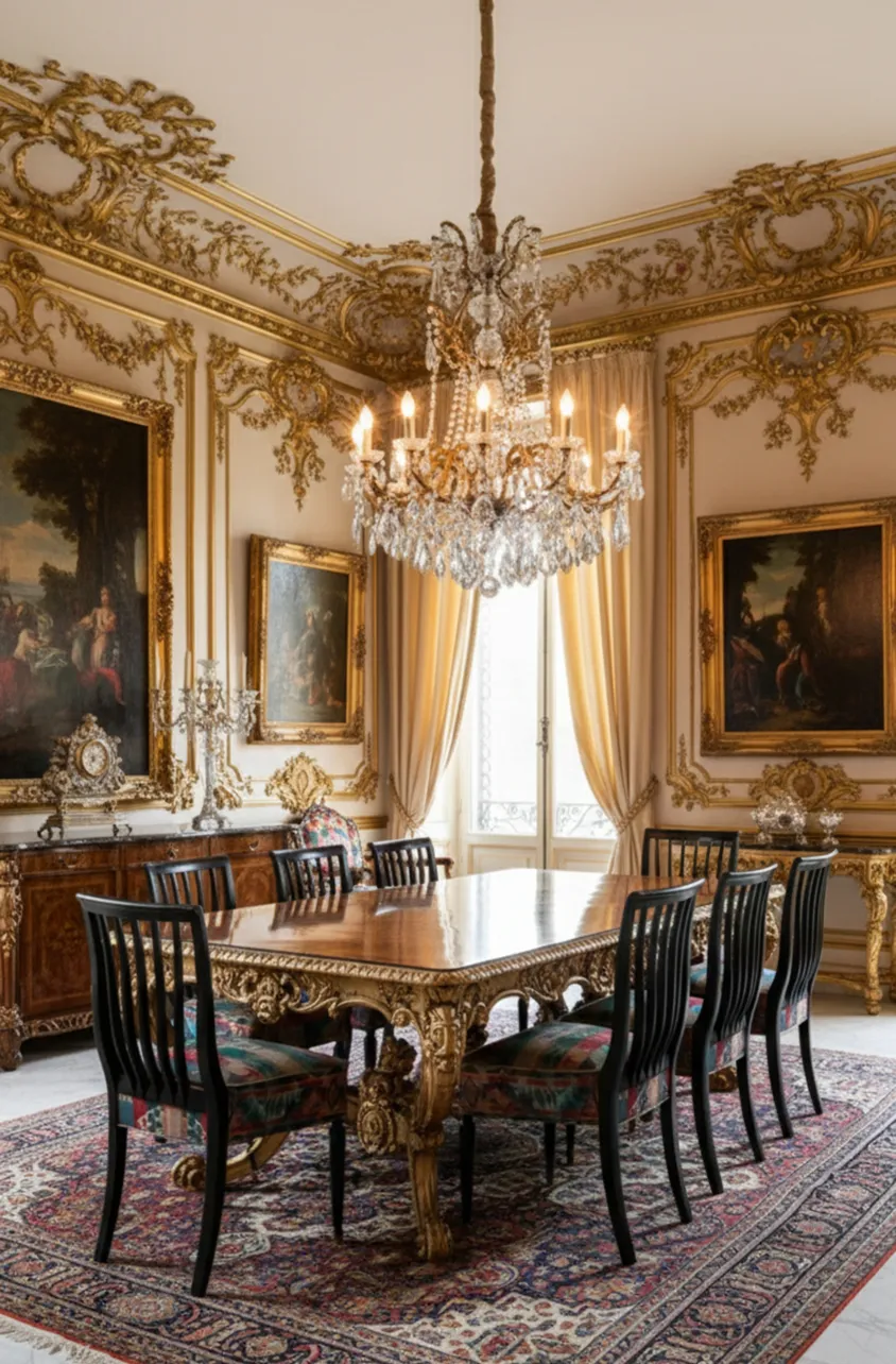 8 antique chairs to restore in a dining room with a chandelier.