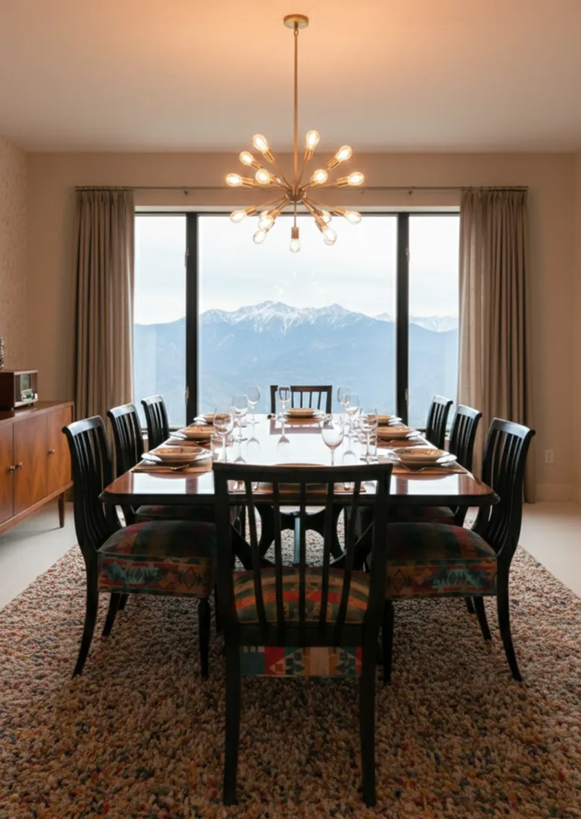 Huit chaises anciennes dans une salle à manger avec vue sur les montagnes