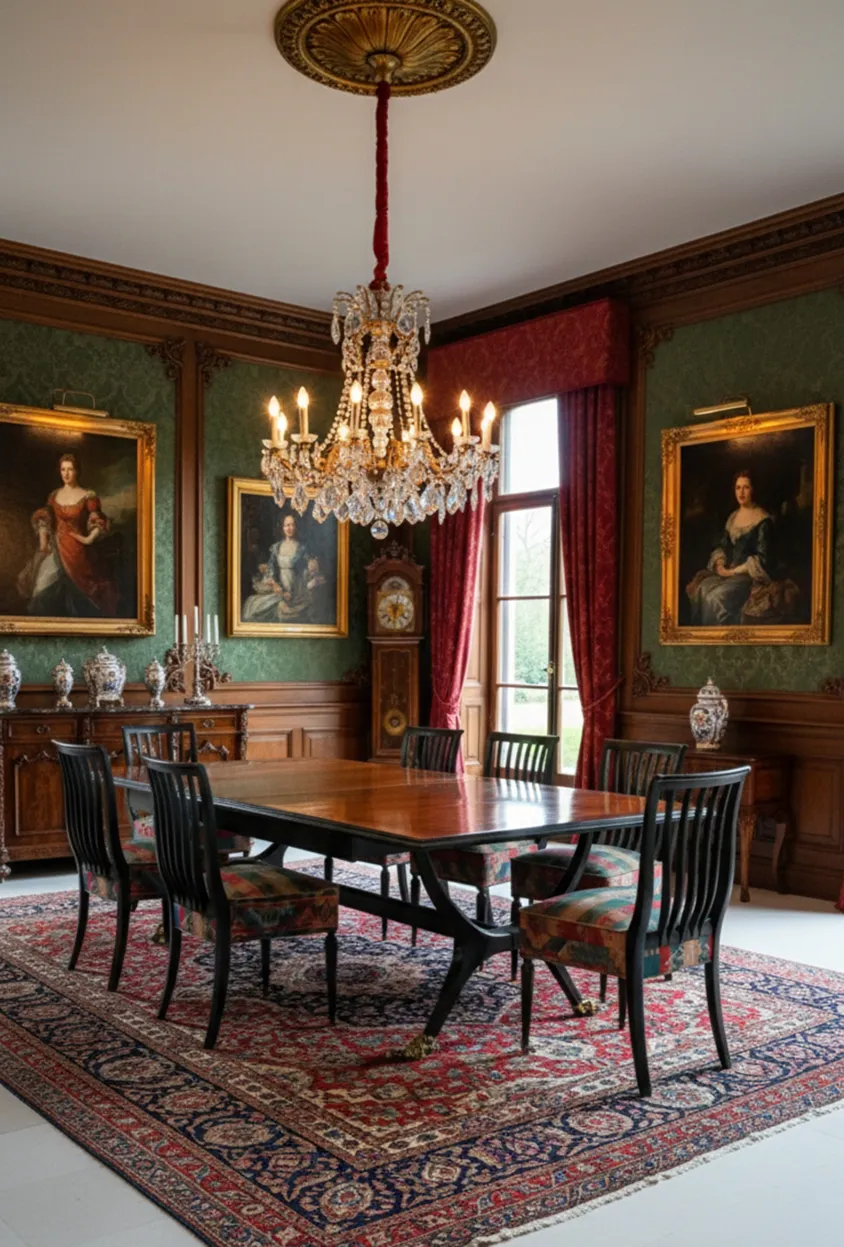 Conjunto de 8 cadeiras antigas em uma sala de jantar elegantemente decorada, com um lustre de cristal no teto.