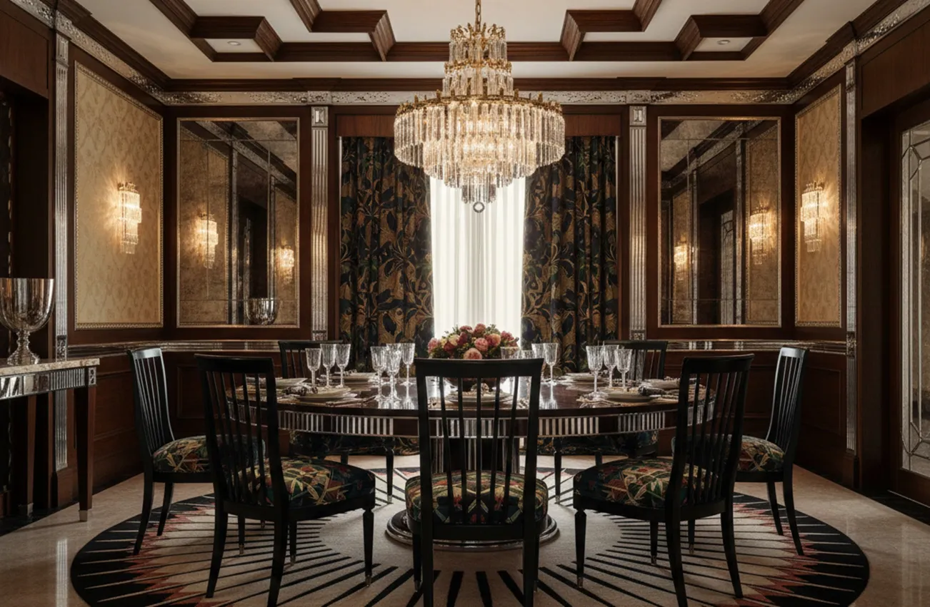 Otto sedie antiche in una sala da pranzo elegante con dettagli floreali