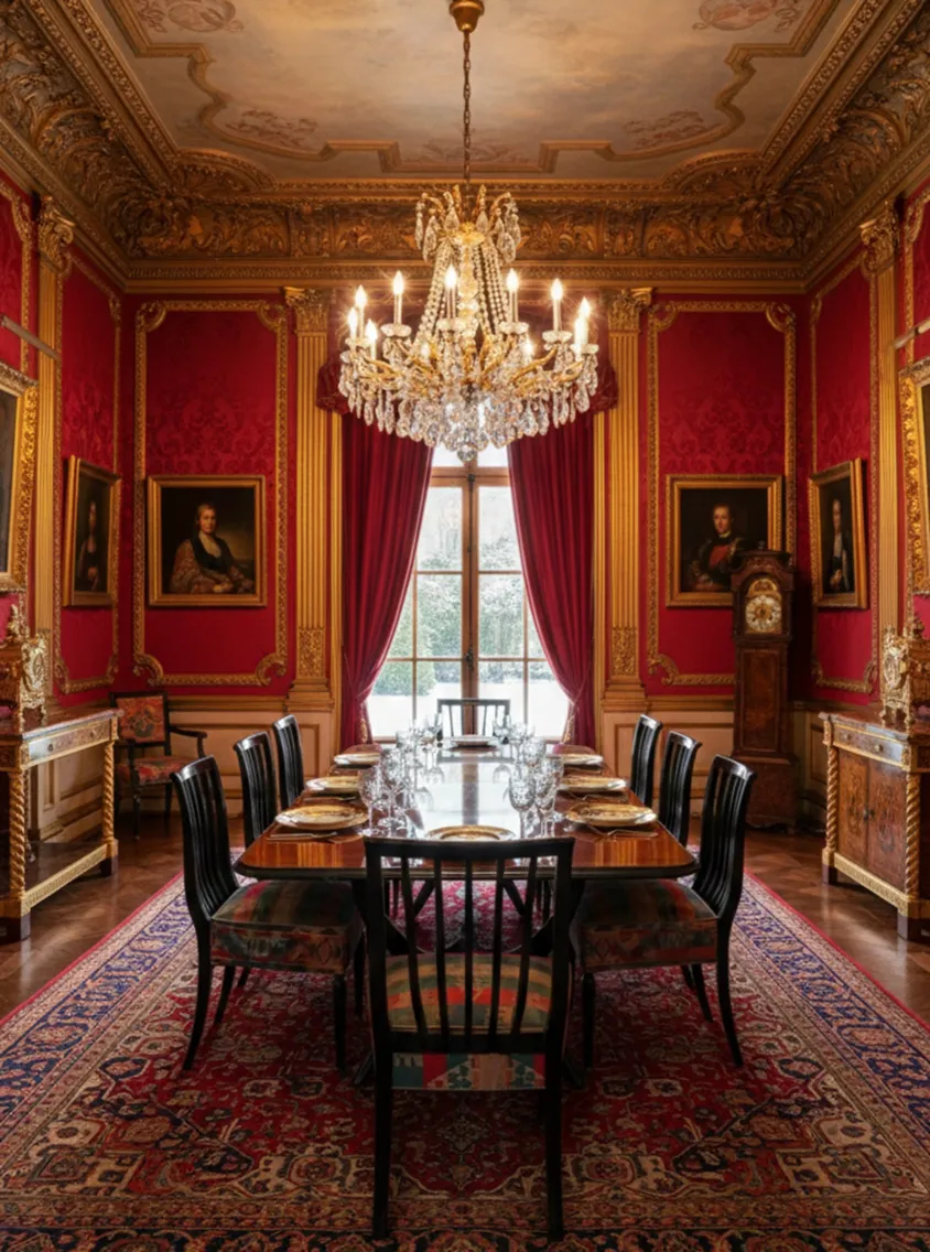 Otto sedie antiche da restaurare in una sala da pranzo elegante con lampadario.