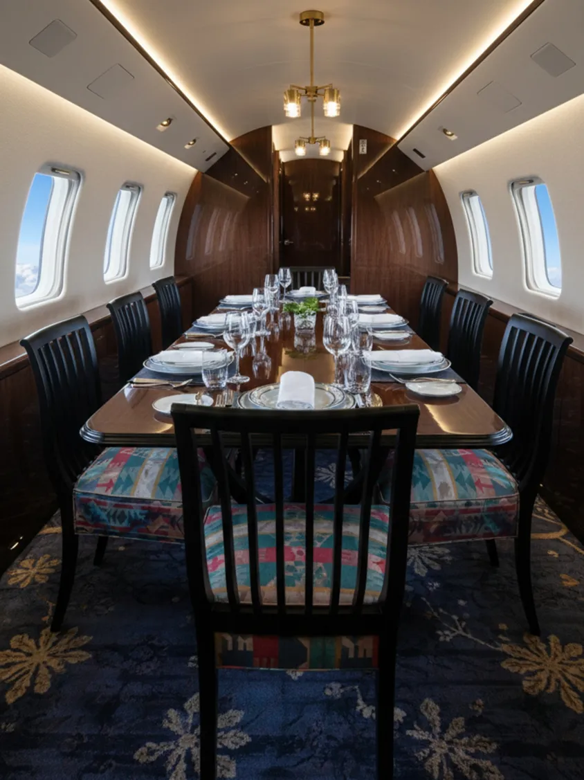 Vista de uma sala de jantar com 8 cadeiras antigas e mesa elegante