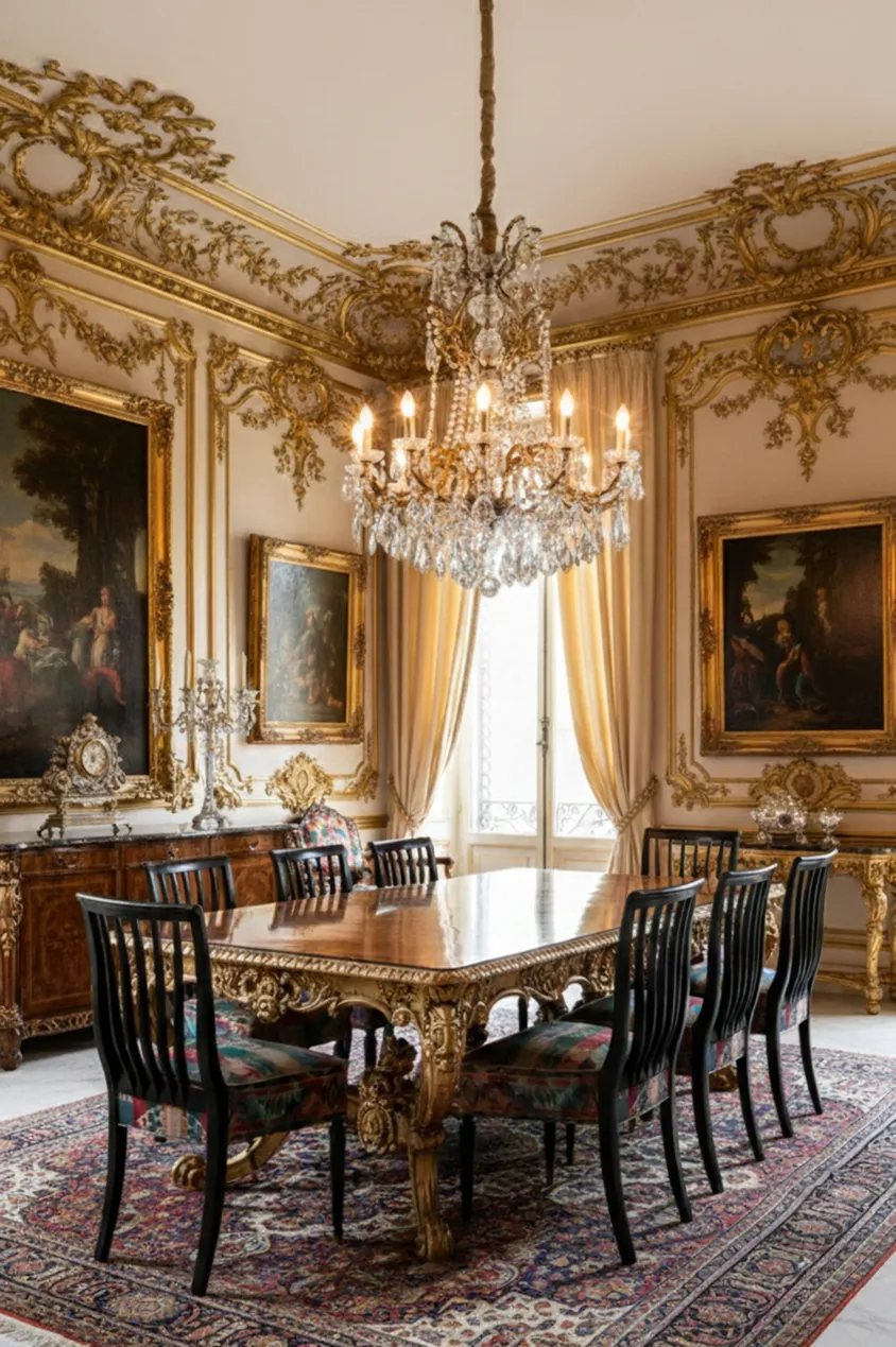 8 antique chairs with high backs in a classic setting