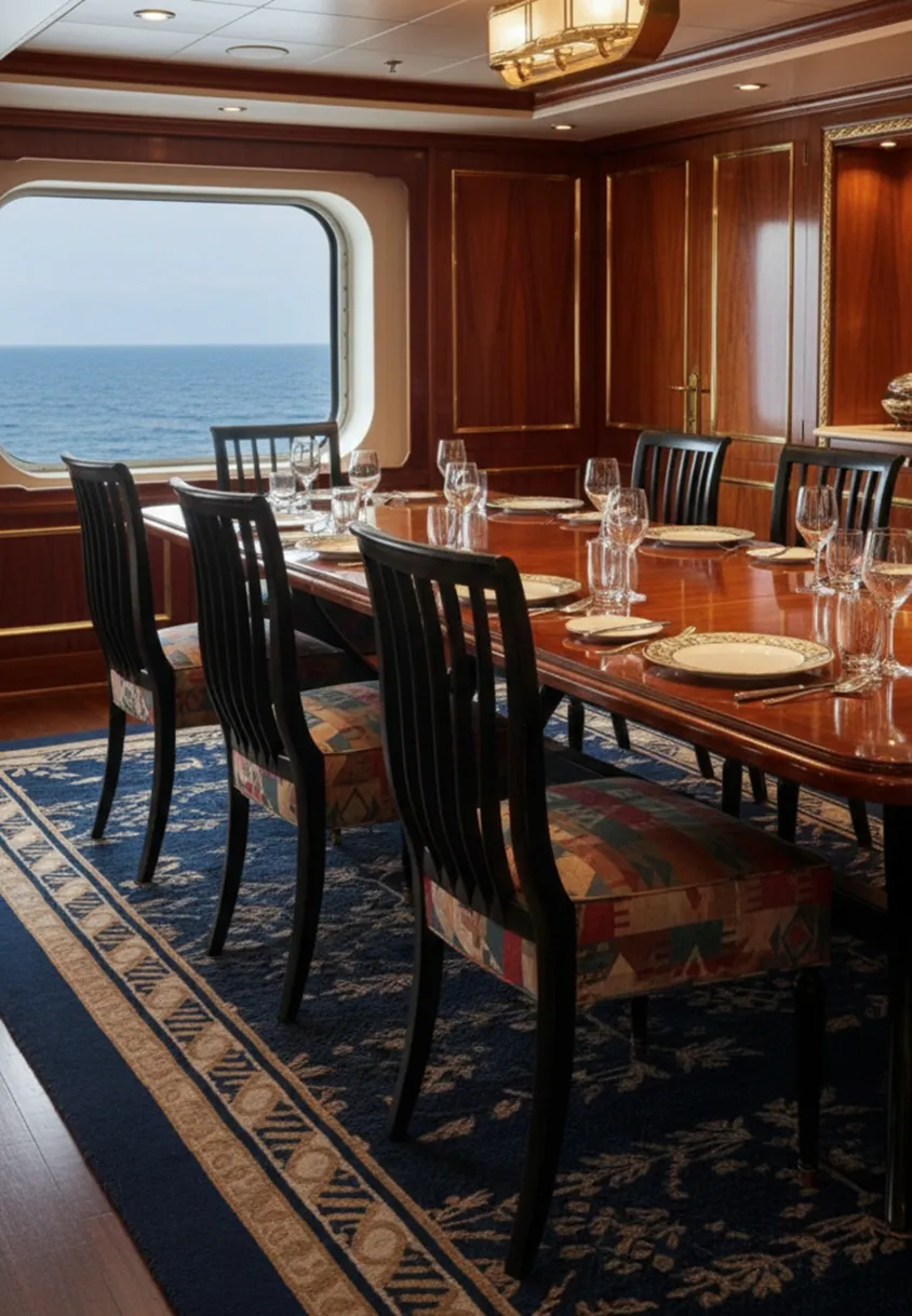 Otto sedie antiche in un ambiente elegante con un tavolo e vista sul mare.