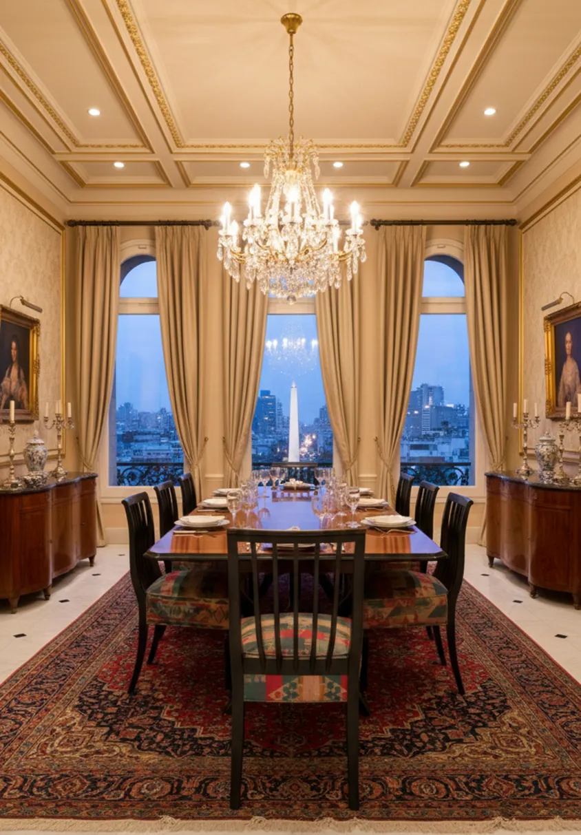 Otto sedie antiche in una sala da pranzo elegante con decorazioni classiche