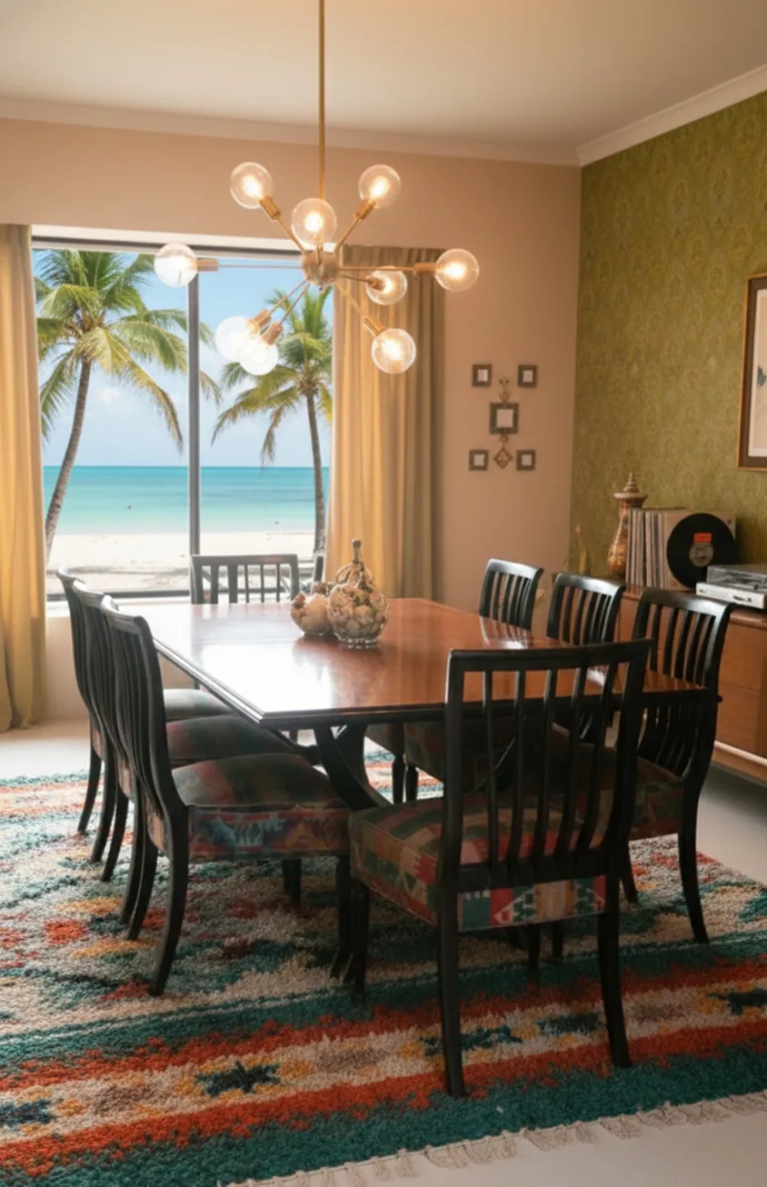 8 chaises anciennes dans une salle à manger lumineuse avec vue sur la mer
