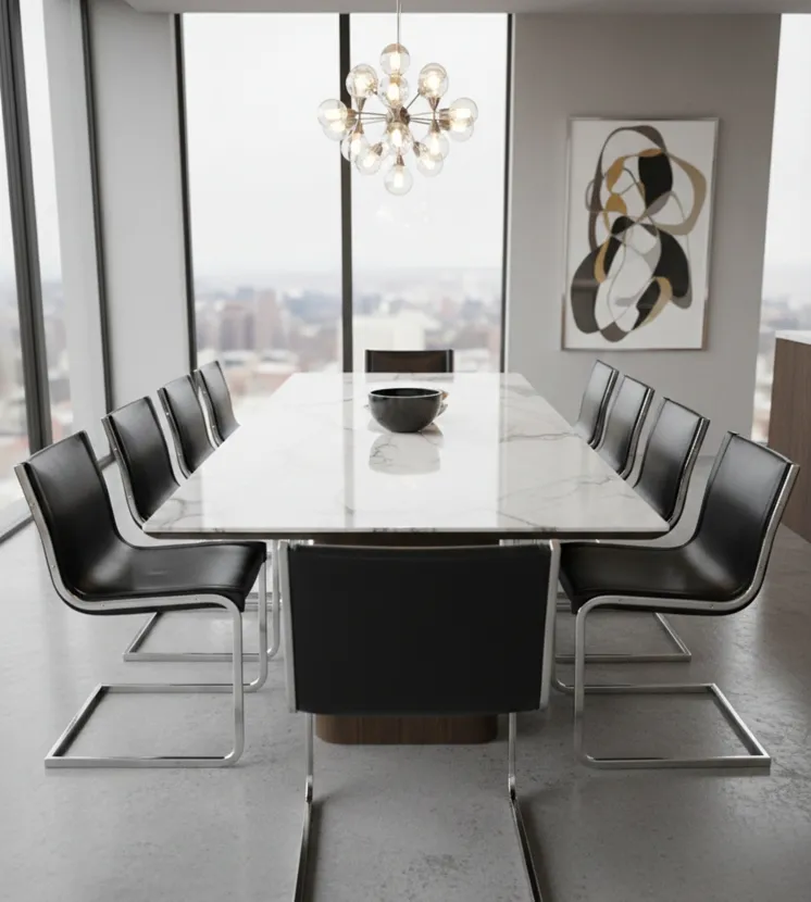 10 cadeiras antigas em uma sala de jantar moderna com mesa e decoração