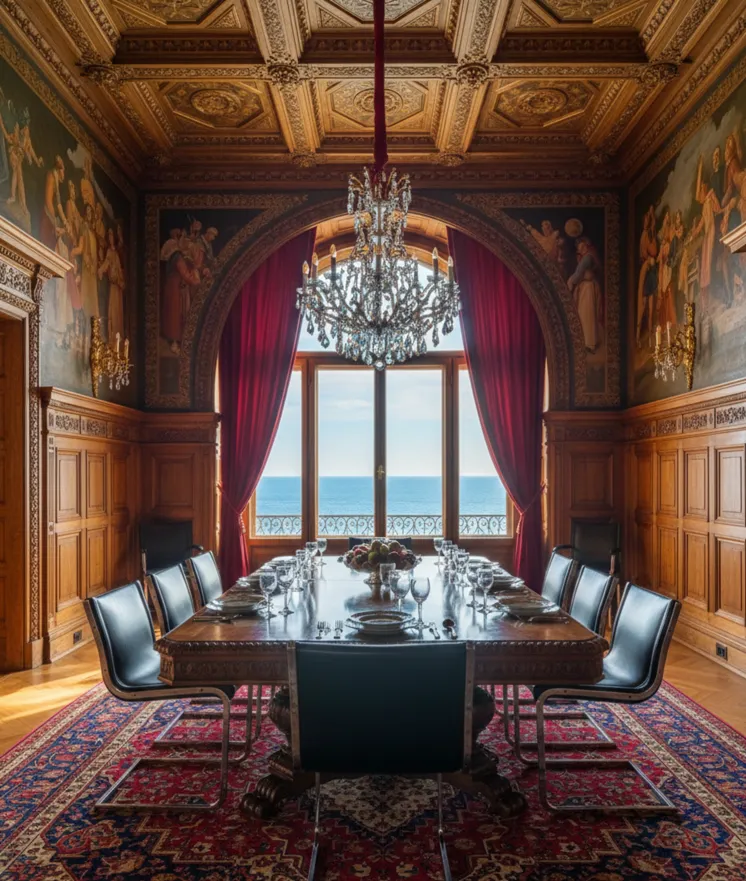 Vista de 10 cadeiras antigas em uma elegante sala de jantar com luz natural