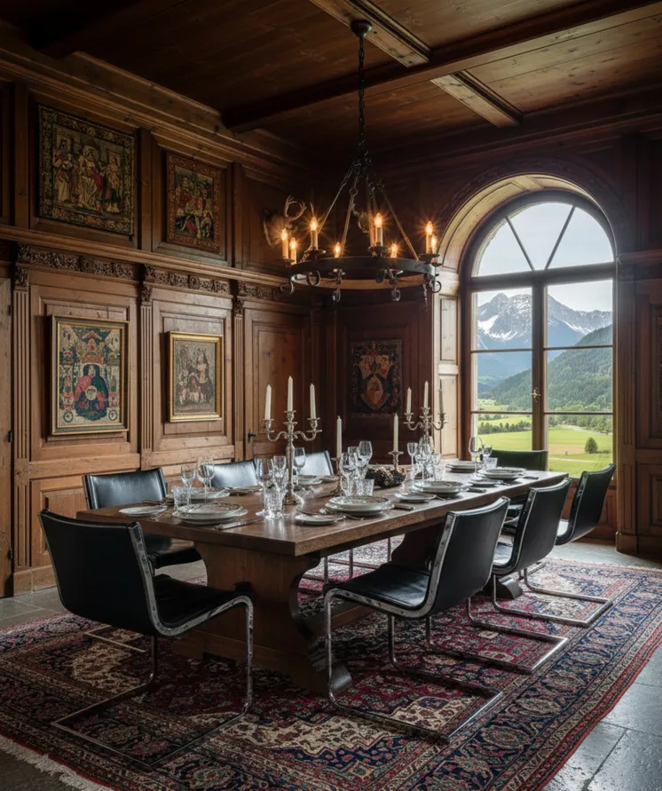 Vista de 10 sillas antiguas en un comedor elegante con candelabros
