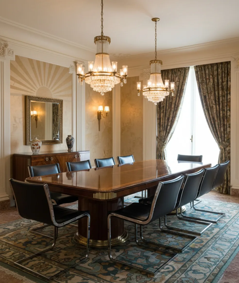 Vista de 10 cadeiras antigas e elegantes em um ambiente clássico.