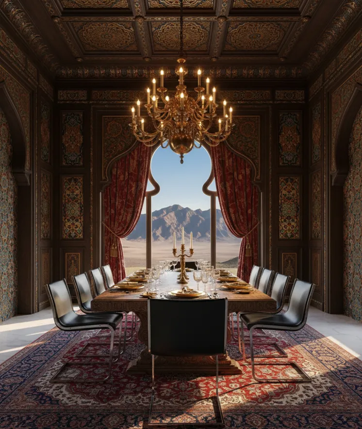 Dining scene with 10 antique chairs for restoration and an elegant table