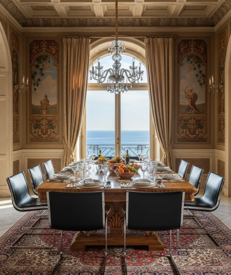 Set von 10 antiken Stühlen zur Restaurierung in einer eleganten Umgebung mit klassischer Dekoration.