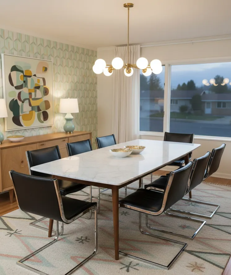 Vue de 10 chaises anciennes noires dans une salle à manger accueillante avec une table élégante.