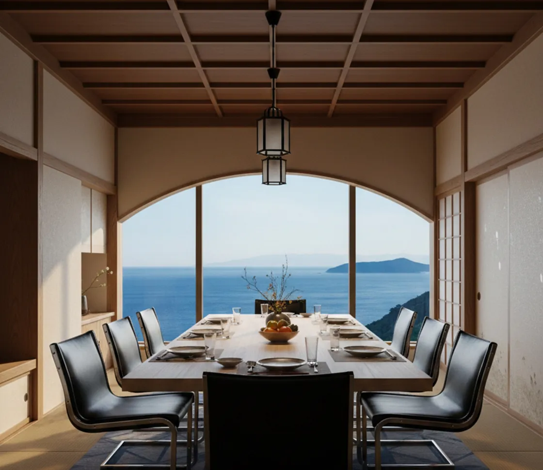 Vue d'une salle à manger élégante avec 10 chaises anciennes, décorée de fruits frais.