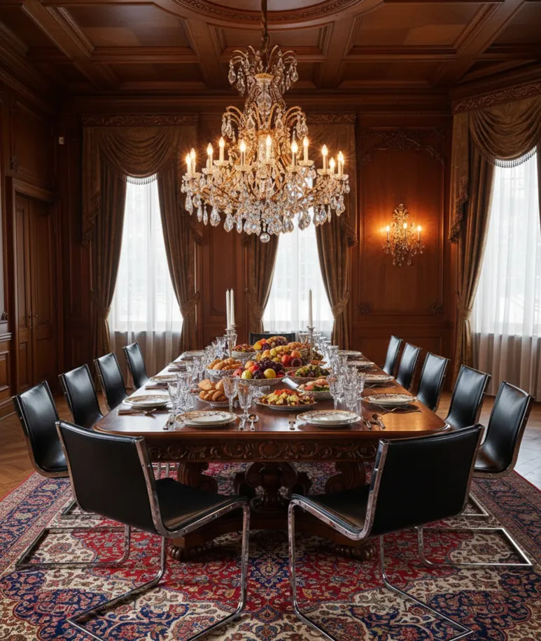 Comedor elegante con 10 sillas antiguas, detalles en la mesa.