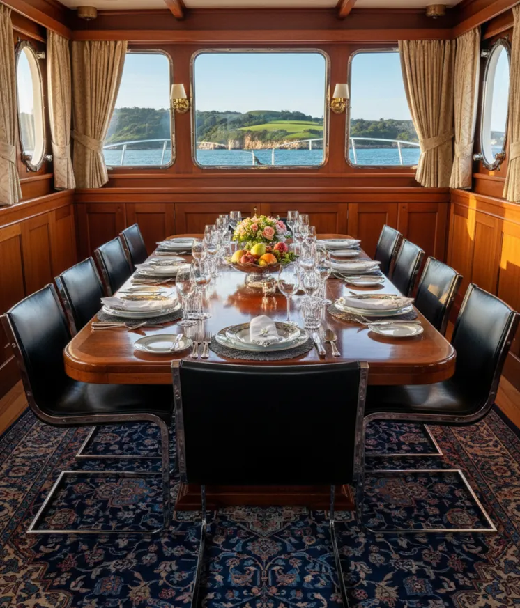 10 chaises anciennes dans une élégante salle à manger avec vue sur la mer.
