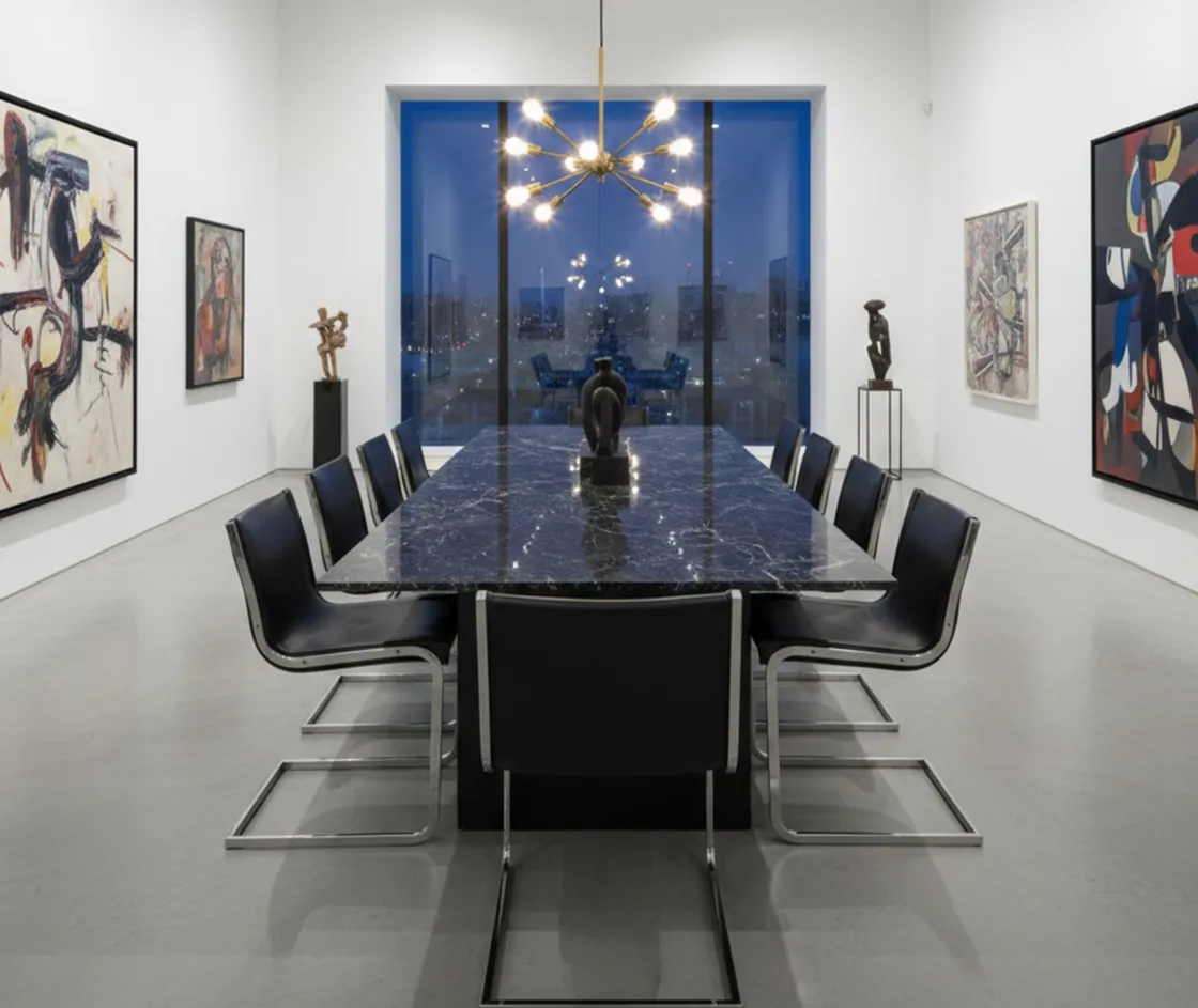 Vista de un comedor con 10 sillas antiguas para restaurar, arte en las paredes.