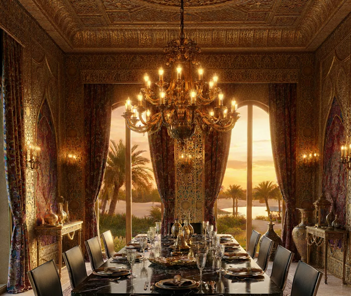 View of an antique dining room with 10 chairs to restore and elegant decor.