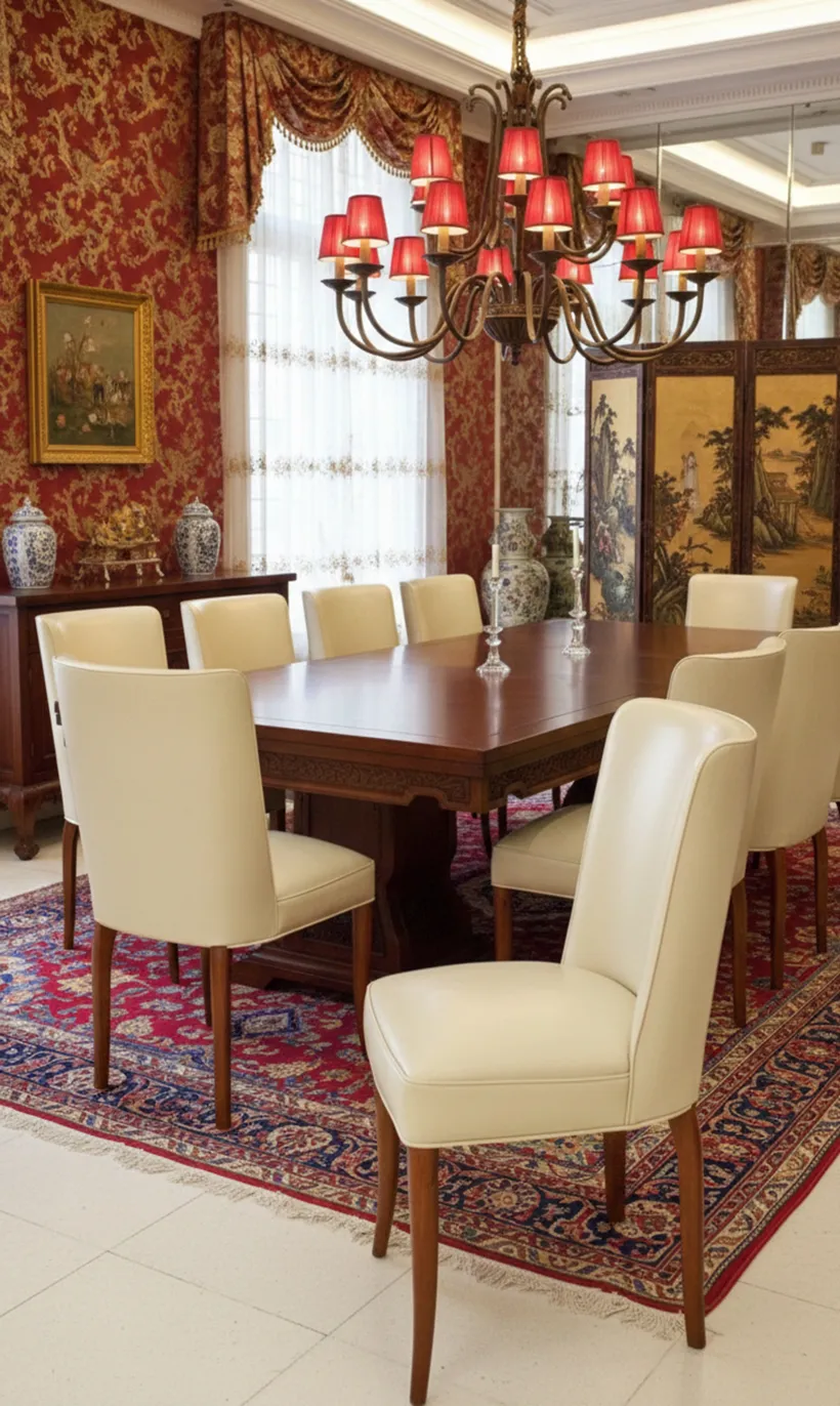 10 antique chairs in an elegant dining room with chandeliers