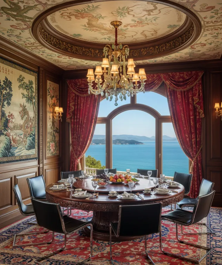 Vista de uma sala de jantar elegante com 10 cadeiras antigas para restaurar, detalhes decorativos, janela com vista para o mar