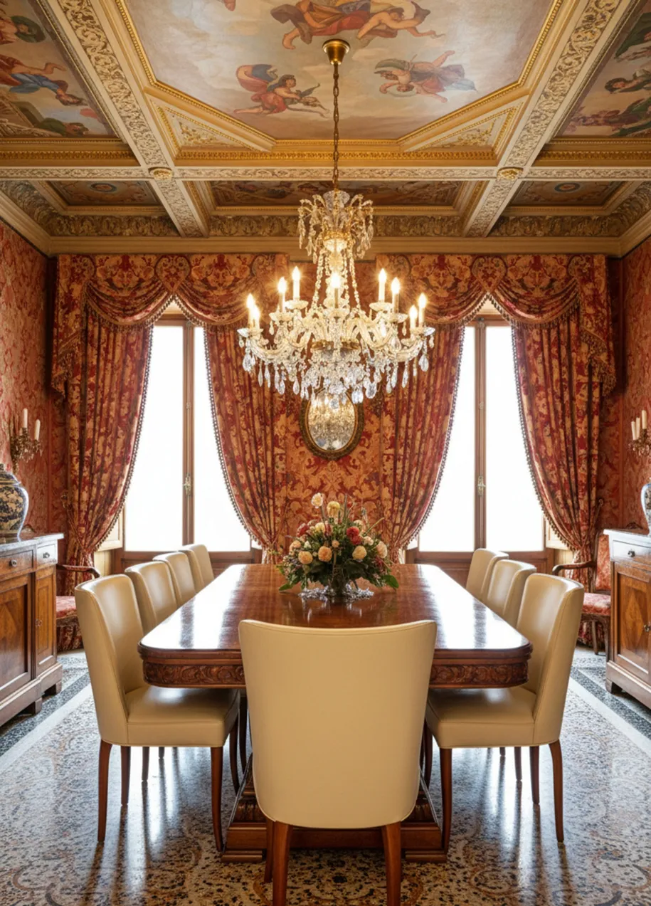 10 chaises anciennes à restaurer dans une salle à manger richement décorée