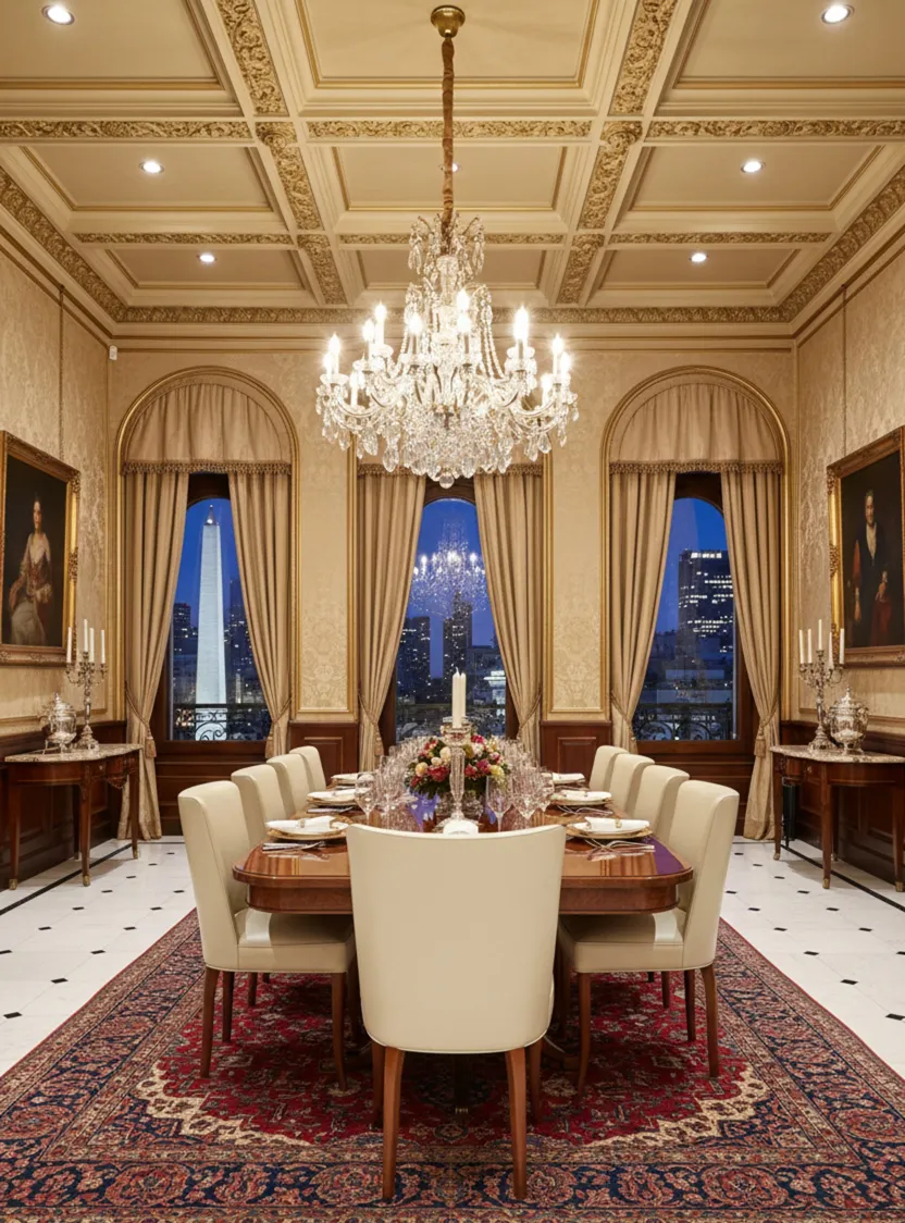 Blick auf 10 antike Stühle in einem eleganten Esszimmer mit Kronleuchtern