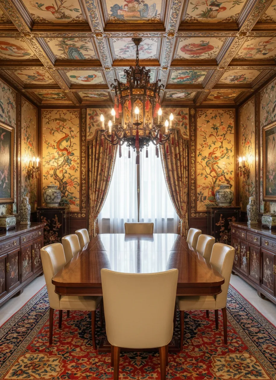 Vue de 10 chaises anciennes dans une salle à manger élégante avec lustre et décorations