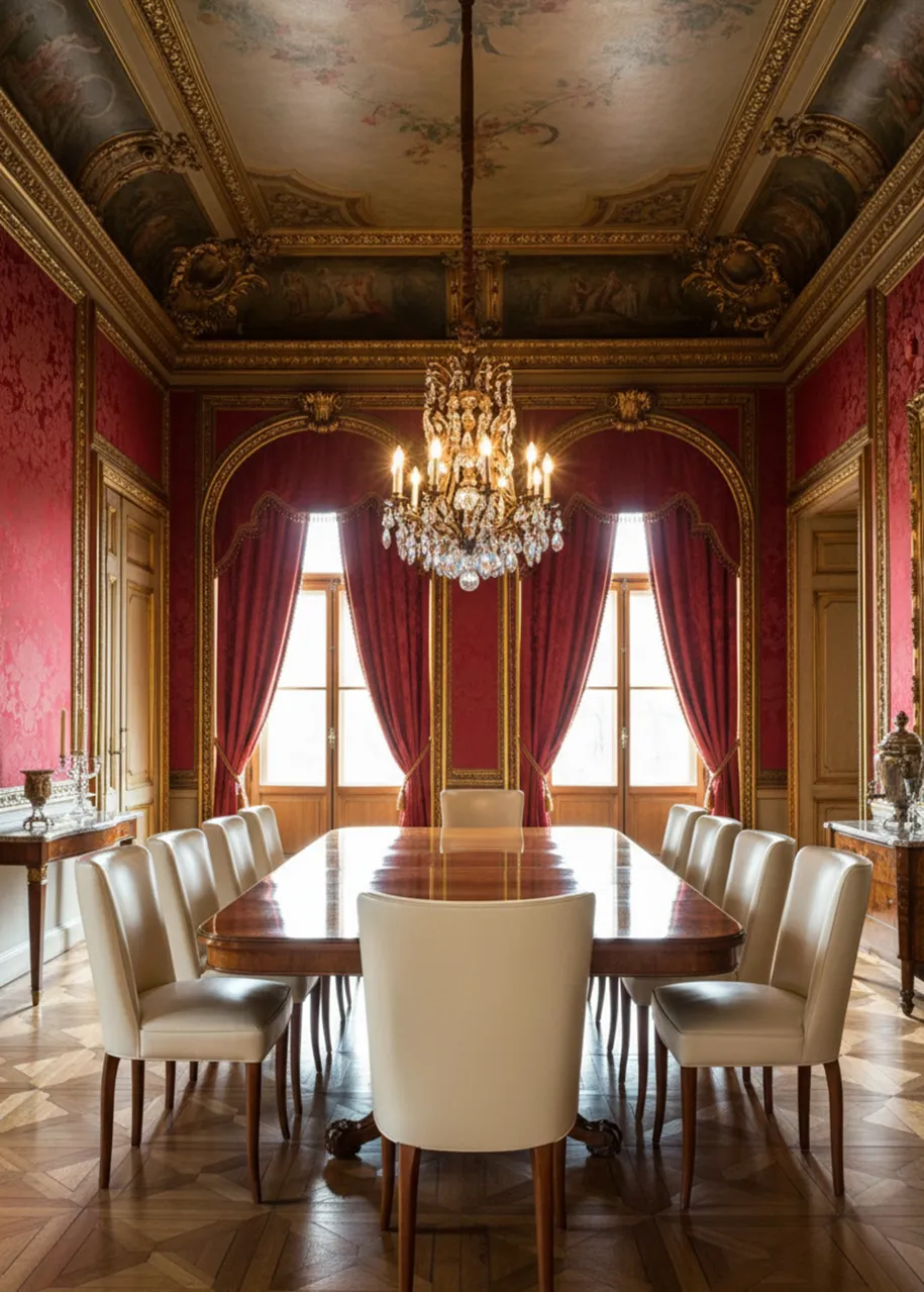 Set of 10 antique chairs, elegant design, in a dining room decorated with red curtains and chandeliers.