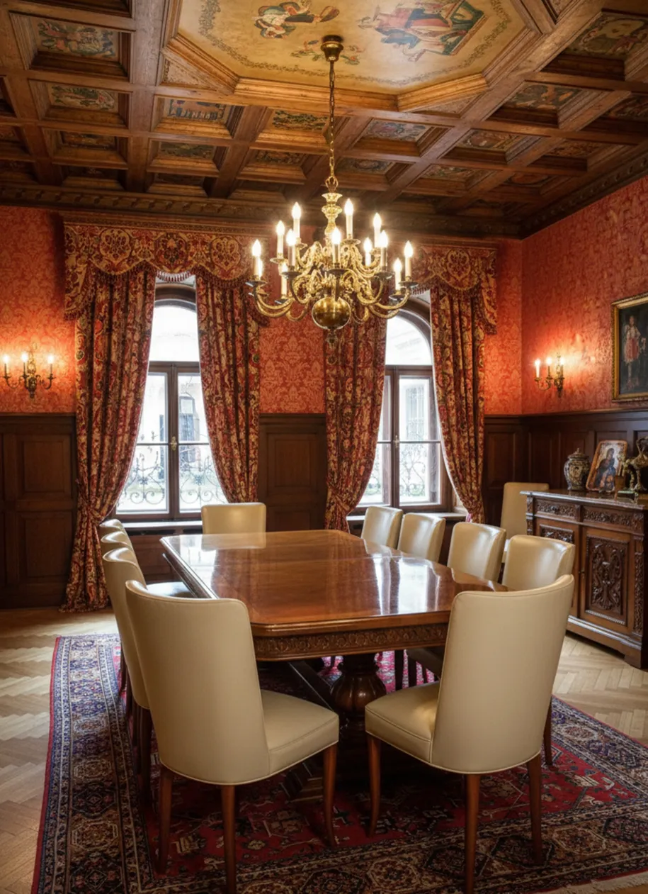 Salle à manger élégante avec 10 chaises antiques à restaurer.