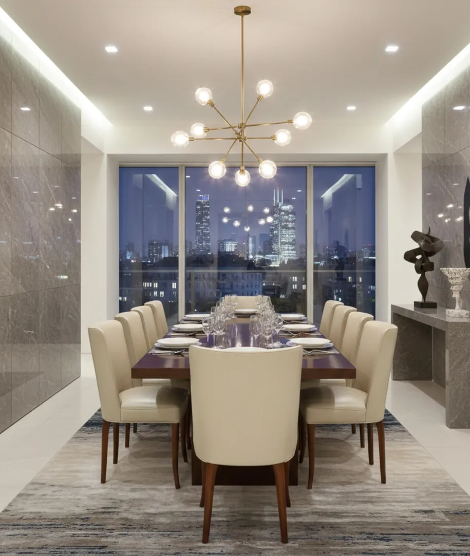 10 antike Stühle in einem modernen Esszimmer mit Blick auf die Nacht.