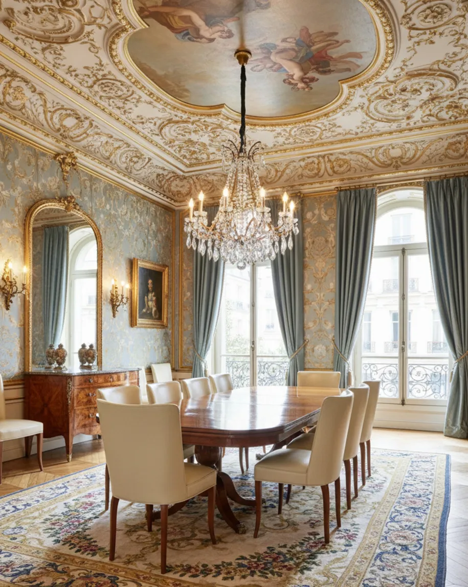 Ambiente elegante com 10 cadeiras antigas para restaurar, candelabros e um espelho.