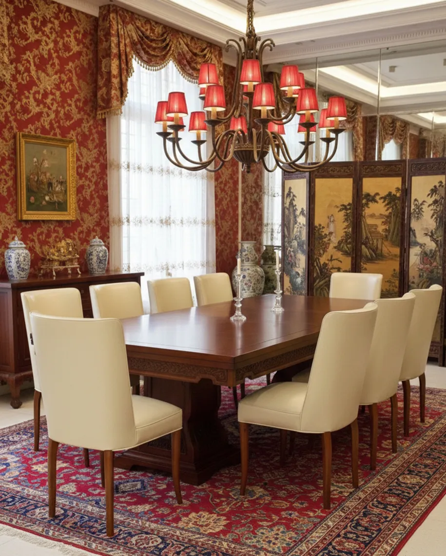 Vista di 10 sedie antiche destinate al restauro in una sala da pranzo decorativa con tappeto rosso.