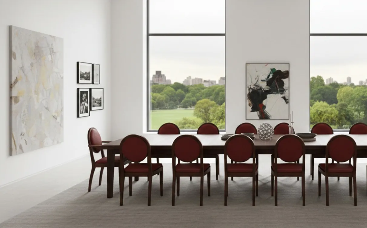 12 antique chairs in a modern dining room