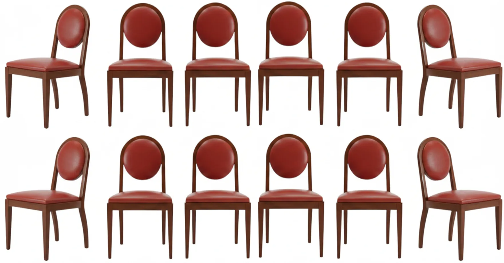 Ensemble de 12 chaises anciennes avec des coussins rouges et un design classique