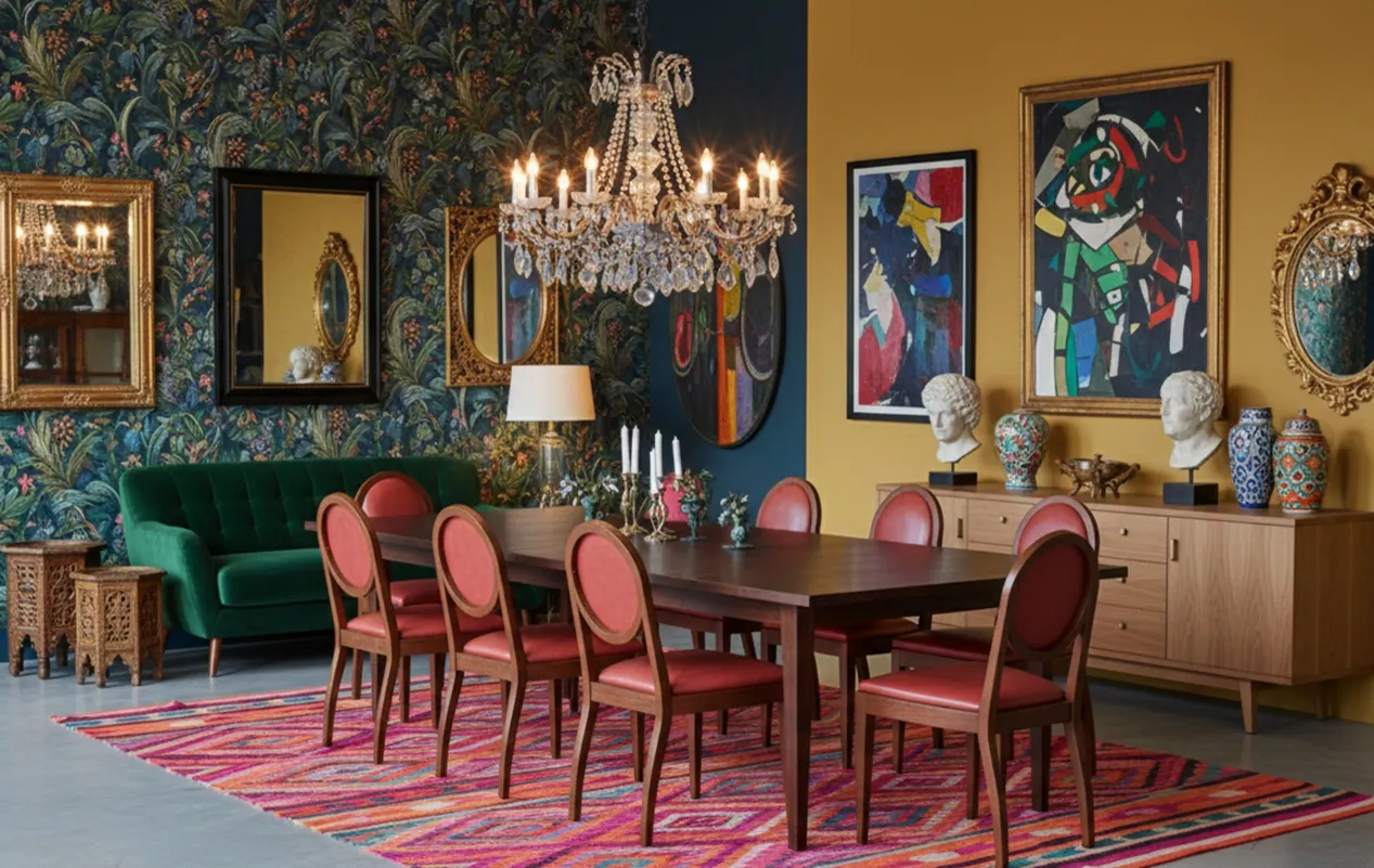 Set of 12 antique chairs in a vibrant decorative setting. Perfect for restoration.